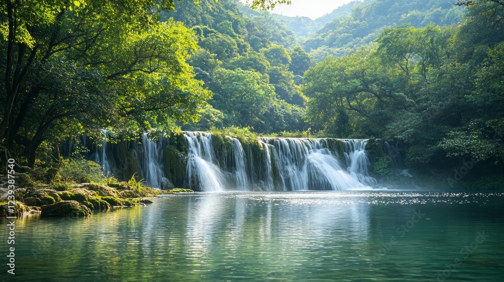 Fototapeta premium Gentle waters cascade from high cliffs, creating a peaceful oasis embraced by lush greenery under soft sunlight. Nature's beauty invites calm and reflection in this serene setting