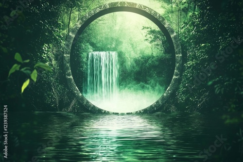 A stock digital illustration featuring a portal to a water-themed fantasy realm created through water magic.