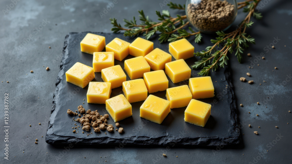 Fototapeta premium Cut pieces of golden-yellow beef tallow on a dark slate board with rosemary.
