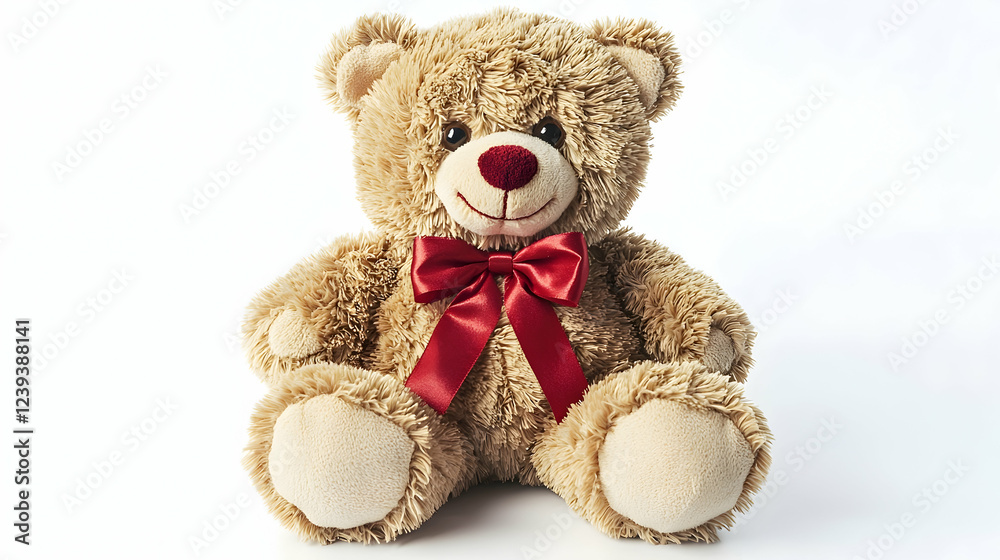 Fototapeta premium A single soft plush teddy bear with a red bow against pure white background