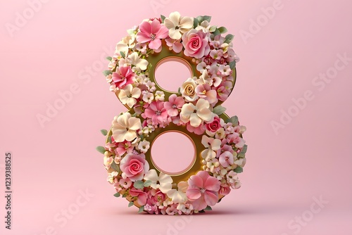 Golden number eight adorned with floral accents for Women's Day celebration. Generative AI