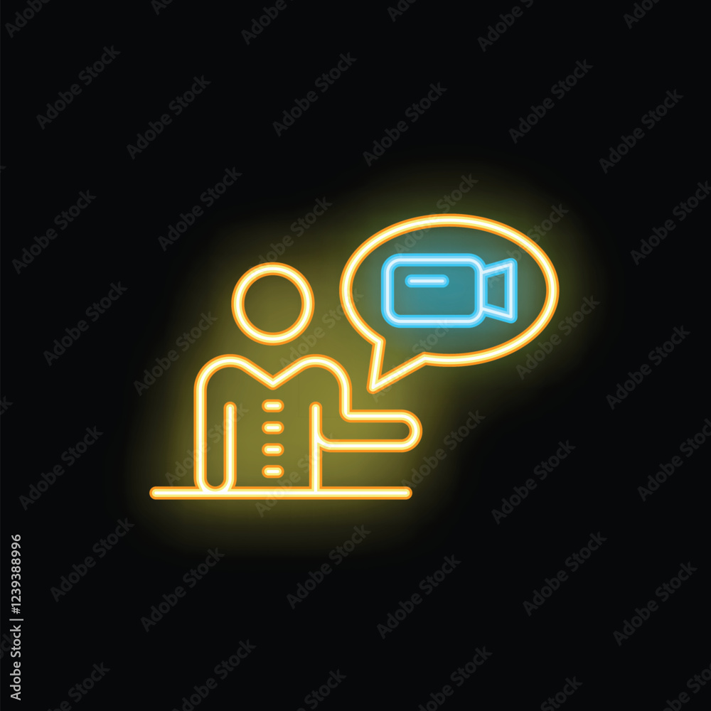 Neon sign of a businessman making a video call, a bright illustration for communication and technology Neon sign of a businessman making a video call, a bright illustration for communication and technology