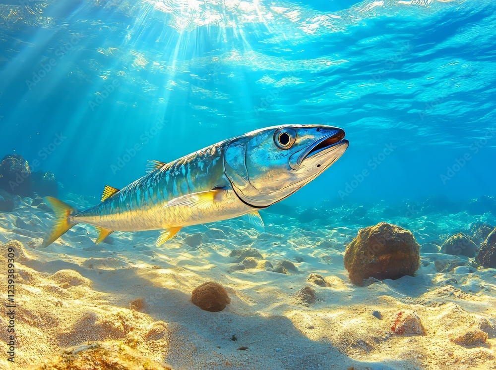 Fototapeta premium A high-resolution image showcasing a single, scrumptious mackerel aligned on the left side, leaving ample room for copy against an ocean-themed background, perfect for seafood market promotions
