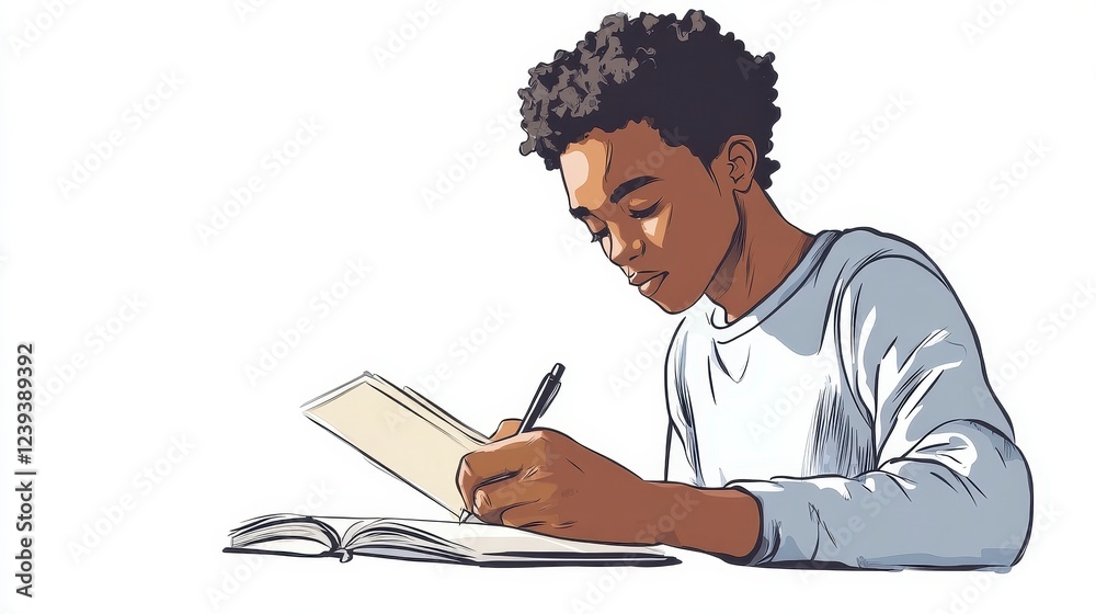 Young Person Engaged in Creative Writing with Open Notebook Young Person Engaged in Creative Writing with Open Notebook