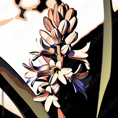 Bold hyacinth flower blooms in vibrant colors with dramatic contrast. Modern botanical illustration with graphic pop-art style treatment. Perfect for spring celebrations. Florist, Botanical Garden