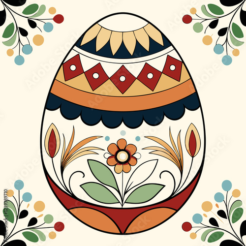 Folk art Easter egg with orange and blue stripes, adorned with floral patterns and geometric designs. Traditional spring decoration with warm festive colors. Concept of holiday decor, folk crafts.