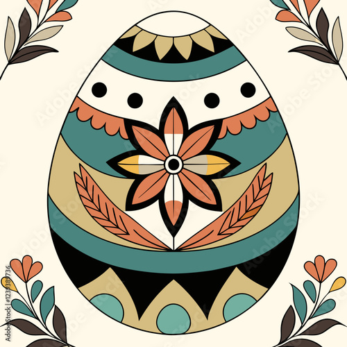 Teal and coral Easter egg with intricate geometric and floral patterns. Framed by corner florals on cream background. Concept of folk crafts, holiday decoration.