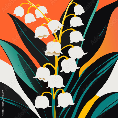 Contemporary lily of the valley illustration with striking white blooms against bold orange backdrop. Modern botanical interpretation shows delicate flowers. Concept: home decor, textile design, moder