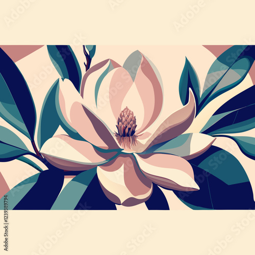 Stylized magnolia blossom in cream and pink against teal. Bold graphic illustration with art deco influence. Concept: Southern decor, spa wellness, luxury hotels. Perfect for special occasions.