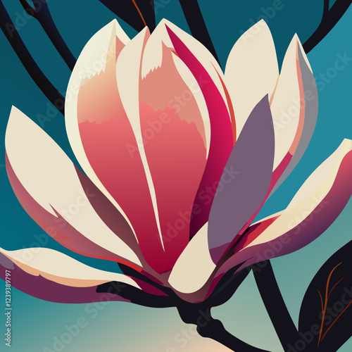 Single magnolia blossom opens in pink and white against teal-blue. Modern art deco style with bold color blocks creates striking impact. Concept: Home decor, spa branding.