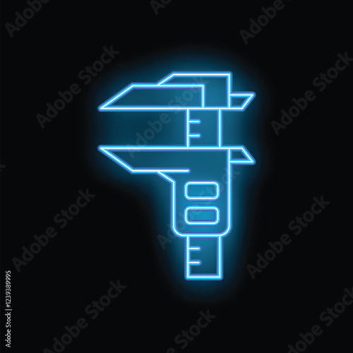 Blue glowing neon line vernier caliper icon isolated on black background