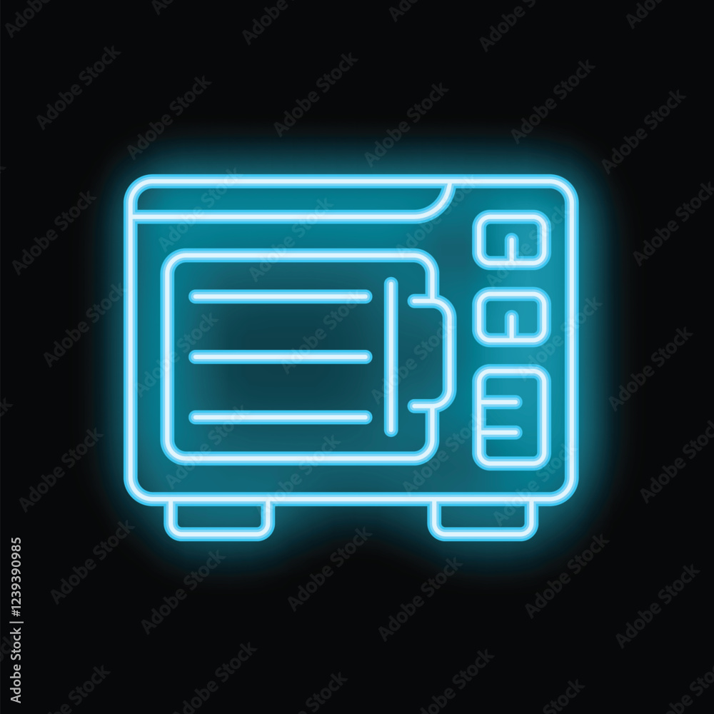 Bright blue neon microwave oven icon glowing against a black background Bright blue neon microwave oven icon glowing against a black background