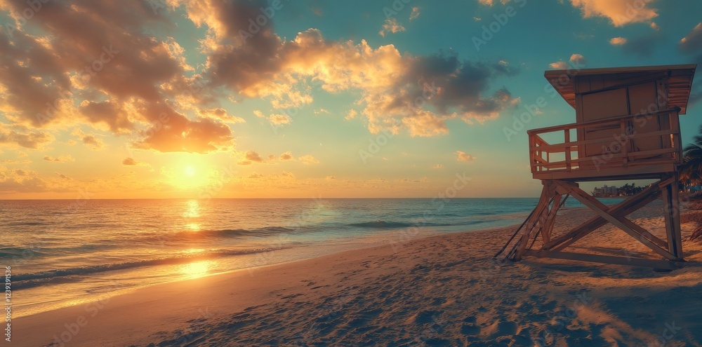 The scene captures a serene beach at dawn The scene captures a serene beach at dawn