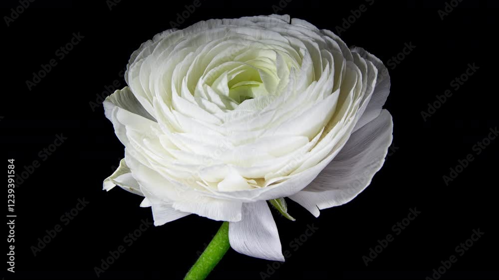 Timelapse of Spectacular Beautiful White Ranunculus Flower Blooming on Black Background. Mothers Day Concept. Holiday, Love, Birthday Design Backdrop Timelapse of Spectacular Beautiful White Ranunculus Flower Blooming on Black Background. Mothers Day Concept. Holiday, Love, Birthday Design Backdrop