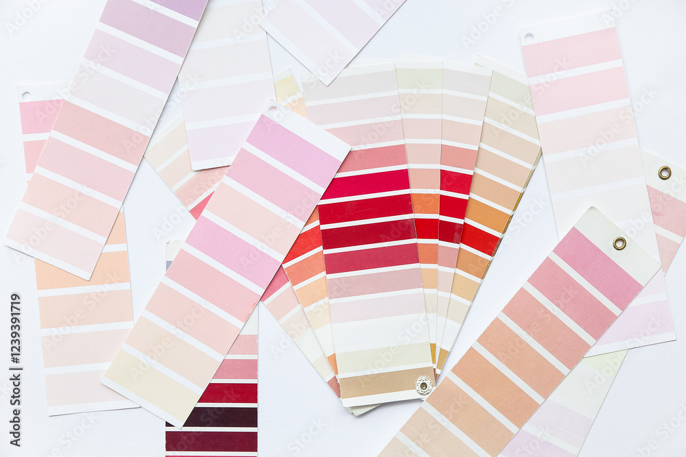 Fotografie Many different paint color palettes on light background
