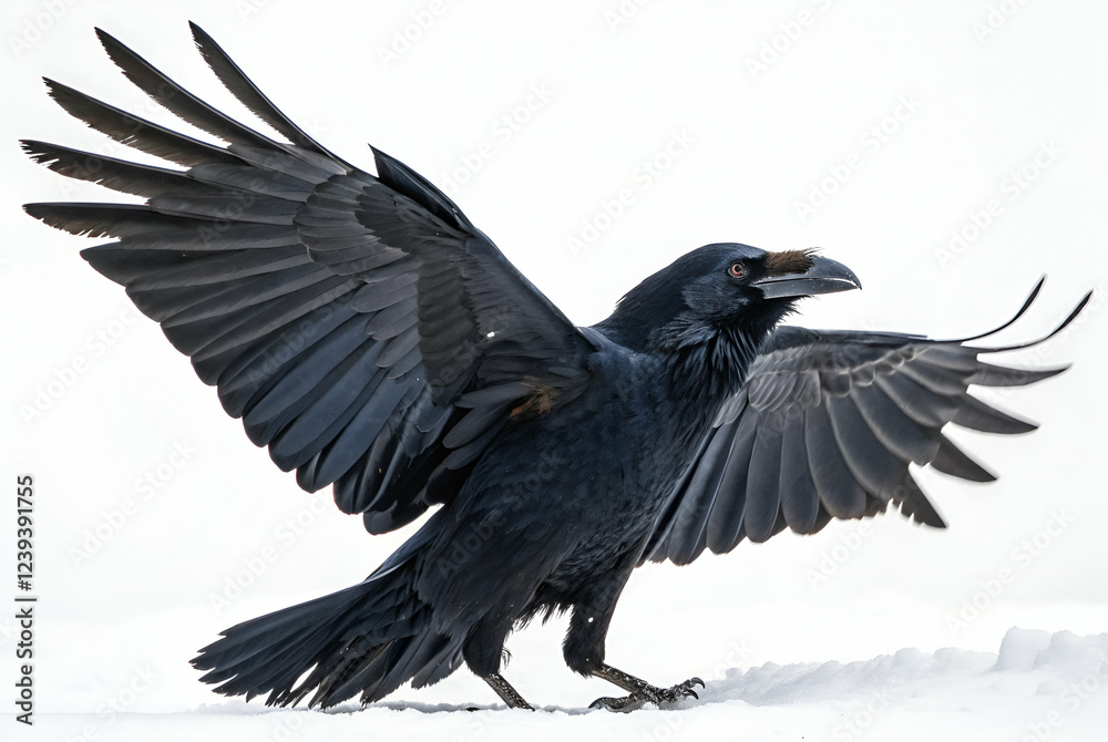 Fototapeta premium Black Raven Taking Off in Snowy Landscape