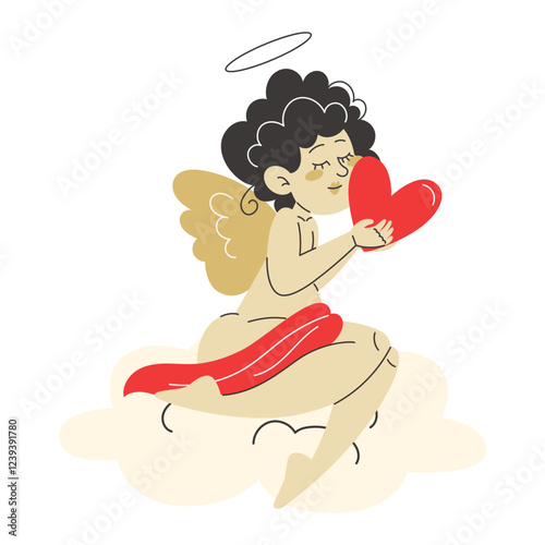 Cupid Sitting on a Cloud, Holding a Red Heart to His Cheek