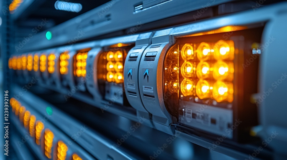 Naklejka premium Data center server rack lights illuminate; background blurred