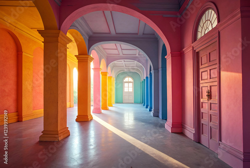 Colorful Hallway With Rainbow Arches And Vibrant Walls
