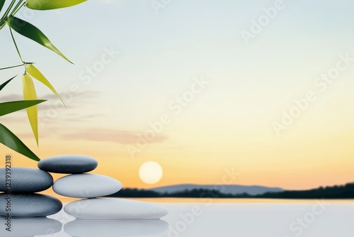 Serenity at Sunset: Stones and Bamboo - Stack of smooth stones and bamboo leaves silhouetted against a tranquil sunset over a calm lake.  Peaceful and serene.