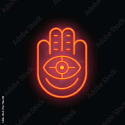 Neon red and orange hamsa hand symbol glowing on black background, representing protection, luck, and good fortune
