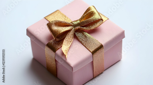 A small pastel pink gift box tied with a golden bow against pure white background.