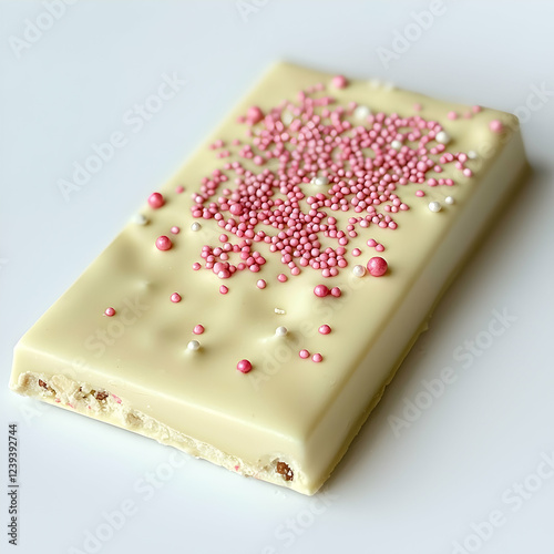A white chocolate bar with tiny pink sprinkles on top against pure white background.