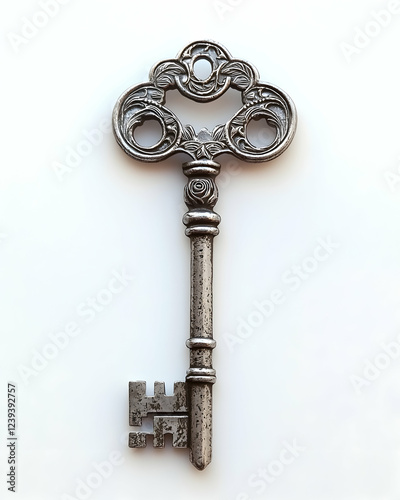 A vintage-style silver key with rose engravings against pure white background.