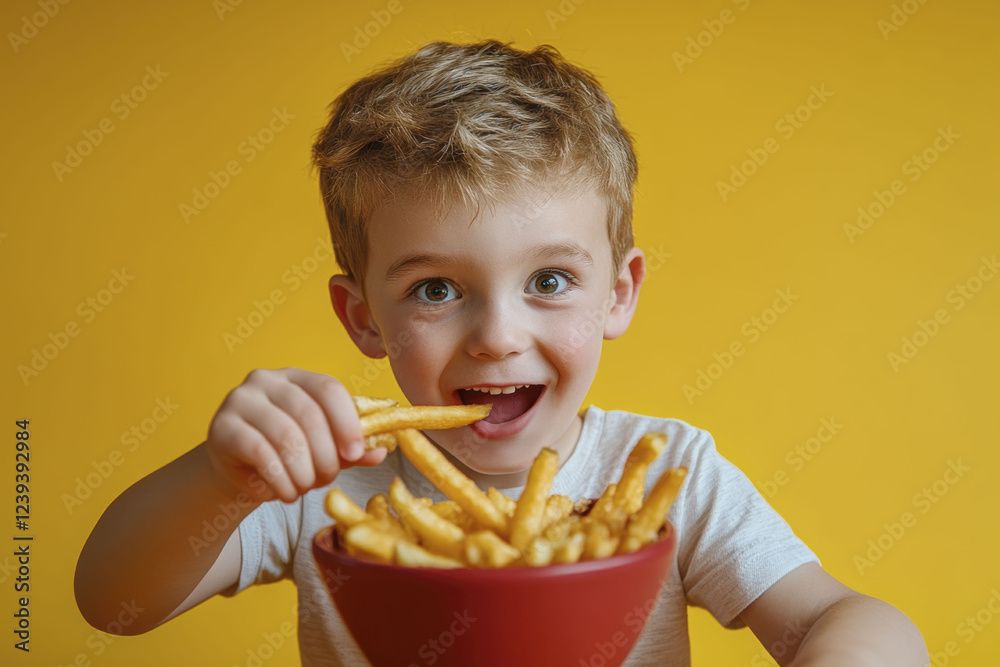 Joyful child enjoying crispy fries against vibrant yellow background Joyful child enjoying crispy fries against vibrant yellow background