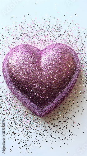A sparkling pink love heart surrounded by glitter on white background.
