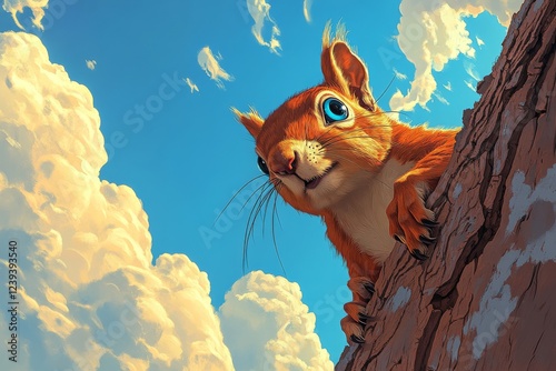 A red squirrel with fluffy fur is depicted, surrounded by summer clouds in front of a tree trunk