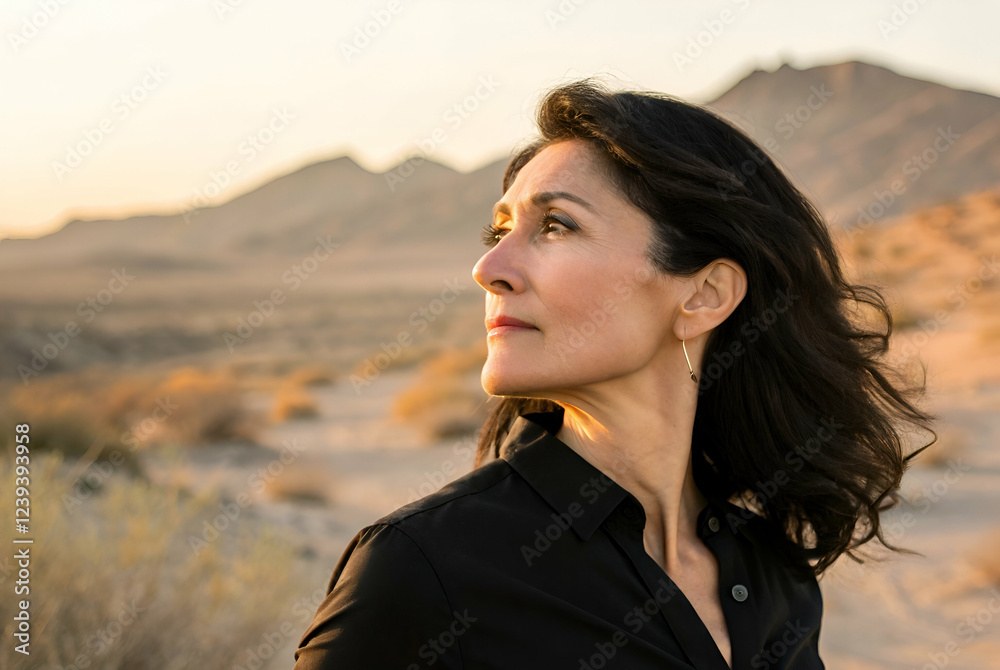 Fototapeta premium Woman Contemplating in a Desert Landscape at Sunset