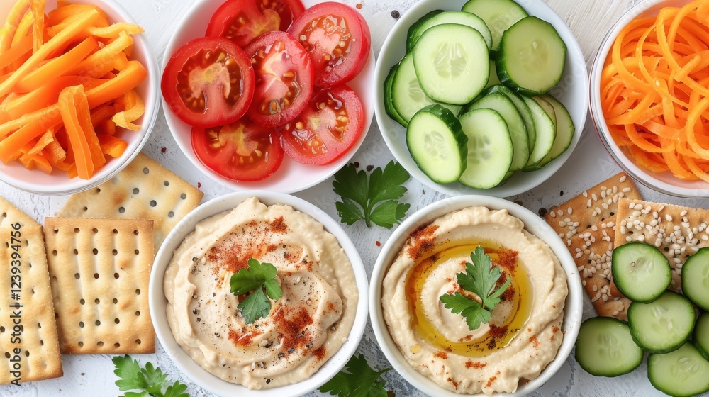 A flat lay of healthy snacks, including sliced veggies, hummus, and whole-grain crackers, on a white table. Perfect for a balanced diet A flat lay of healthy snacks, including sliced veggies, hummus, and whole-grain crackers, on a white table. Perfect for a balanced diet