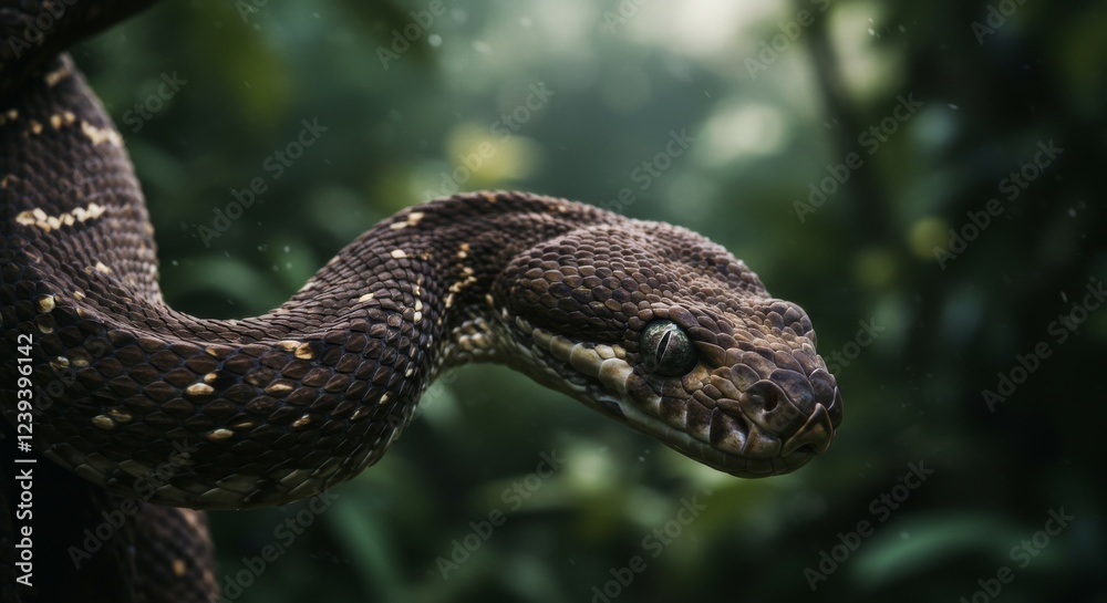 The boa constrictor (Boa constrictor), also called the red-tailed or the common boa on a branch in the middle of the forest. A large snake on a branch in the green of a bright forest.
The boa constrictor (Boa constrictor), also called the red-tailed or the common boa on a branch in the middle of the forest. A large snake on a branch in the green of a bright forest.