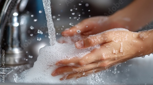 Close-up shots of hands washing dishes with soap and bubbles in a kitchen sink, capturing the cleanliness and daily life in action. photo