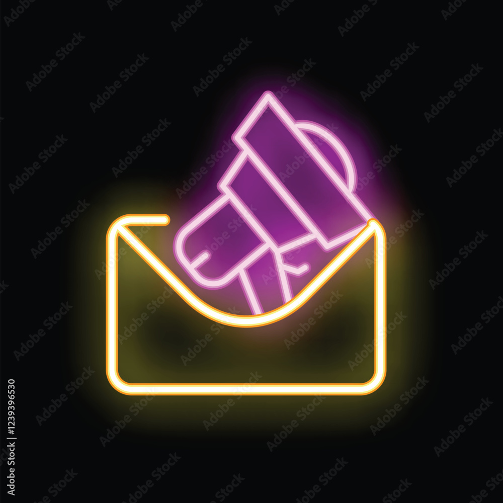 Neon megaphone is protruding from open yellow envelope on black background Neon megaphone is protruding from open yellow envelope on black background