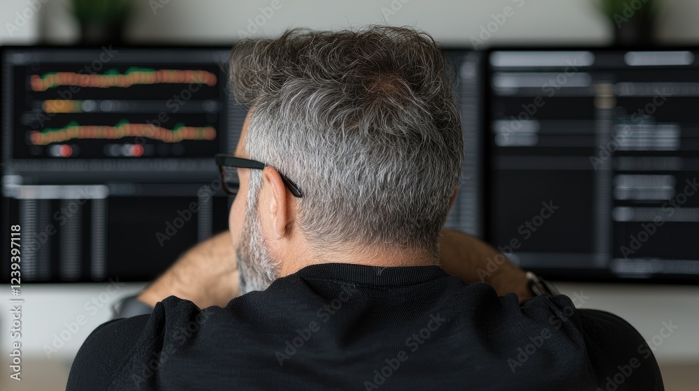 Man analyzing stock market data on dual monitors Man analyzing stock market data on dual monitors