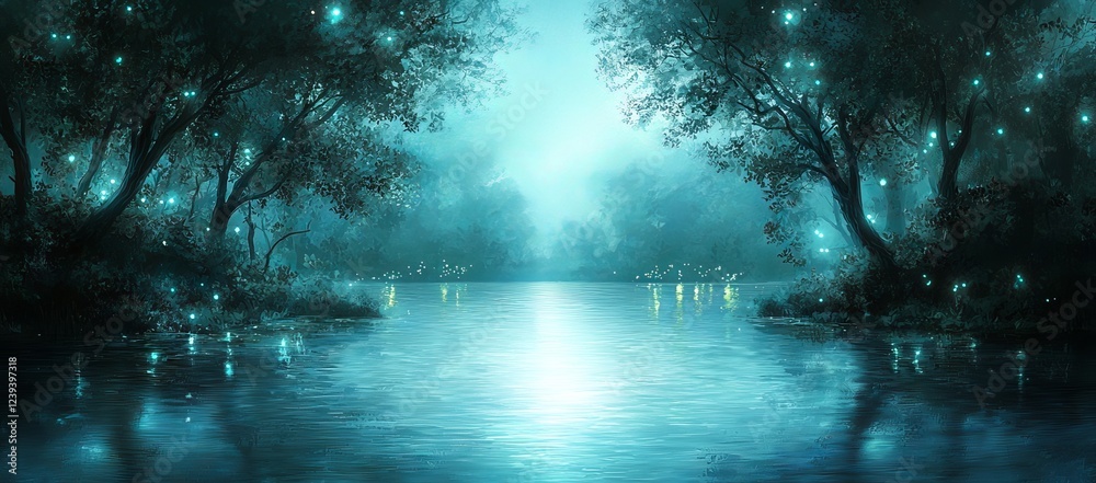 Obraz premium A midjourney Stock depiction of a blue, romantic fantasy landscape by a lake.