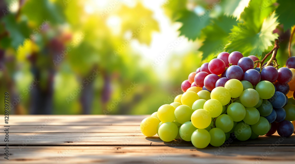 Fresh Bunches of Red and Green Grapes on Wooden Table with Vineyard Background Fresh Bunches of Red and Green Grapes on Wooden Table with Vineyard Background