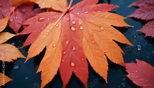 Un primer plano de una vibrante hoja de otoño de color naranja y rojo con gotas de agua que cubren su superficie photo