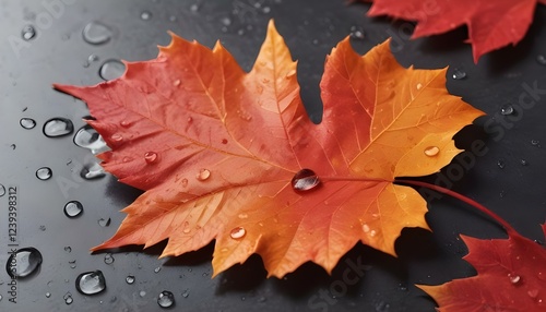 Un primer plano de una vibrante hoja de otoño de color naranja y rojo con gotas de agua que cubren su superficie photo