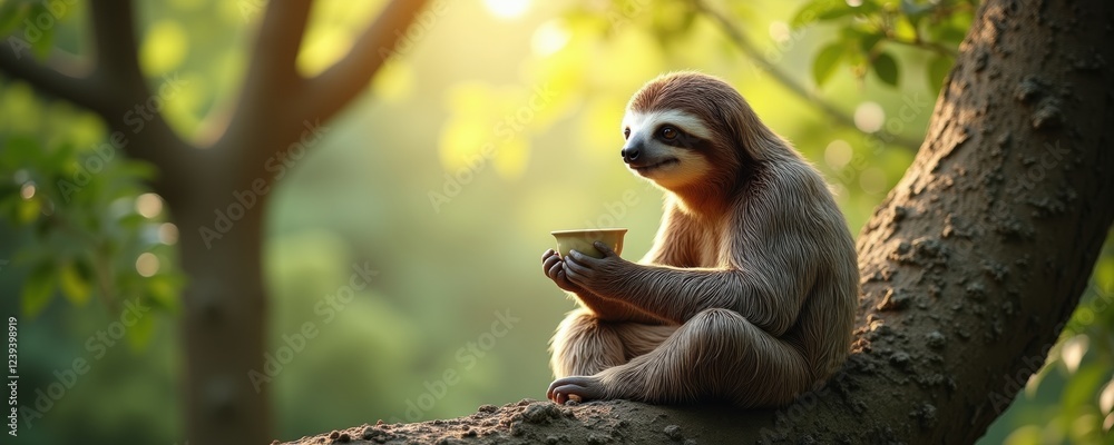Naklejka premium A charming sloth leisurely enjoying a snack on a tree branch, bathed in warm sunlight. Perfect for themes of relaxation, nature, and wildlife conservation.