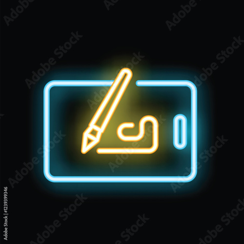 Neon sign representing a stylus pen drawing a line on a tablet, a modern concept for graphic design