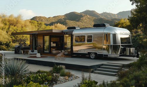 A Custom Camper in Front of a Scenic Contemporary Building for Adventure and Travel Inspiration