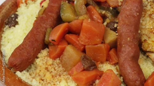 gros plan sur un plat du couscous au poulet et merguez, isolé sur un fond blanc