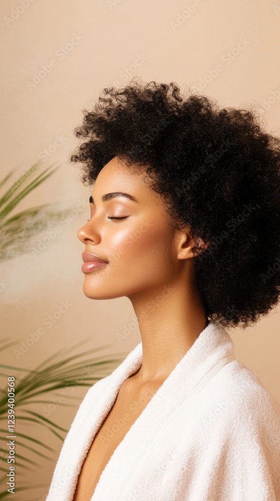 Woman with dark curly hair enjoys a facial mist treatment, eyes closed in peaceful expression. She wears a white bathrobe against a neutral beige background with a palm plant visible. Woman with dark curly hair enjoys a facial mist treatment, eyes closed in peaceful expression. She wears a white bathrobe against a neutral beige background with a palm plant visible.