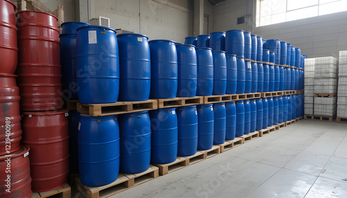 Blue chemical barrels in an industrial warehouse. Storage, safety, logistics, and environmental risk. Toxic and flammable liquid containers, steel drums, and bulk inventory management.