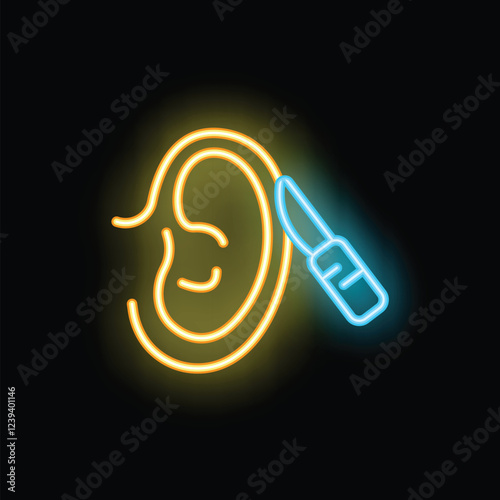 Neon glow icon of ear surgery with scalpel representing otoplasty and ear correction