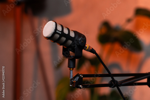 High-quality microphone ready for podcast recording in a cozy studio setting with warm lighting