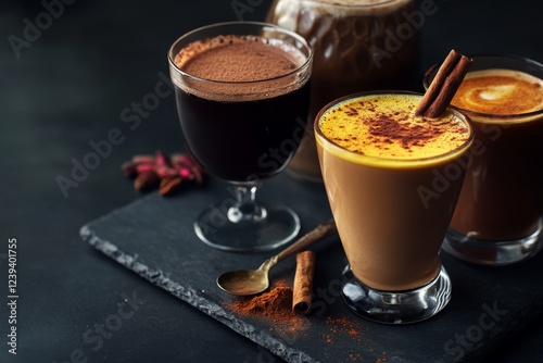 beverages with rich indulgent flavors, served in dark glass includes dark chocolate mocha with sprinkle of cocoa powder, deep red wine with cinnamon stick, spiced turmeric latte dusting of cinnamon